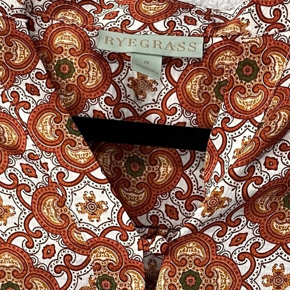 RYEGRASS - Long Sleeve Burnt Orange White Pattern Silky Blouse Size S - Picture 6 of 6